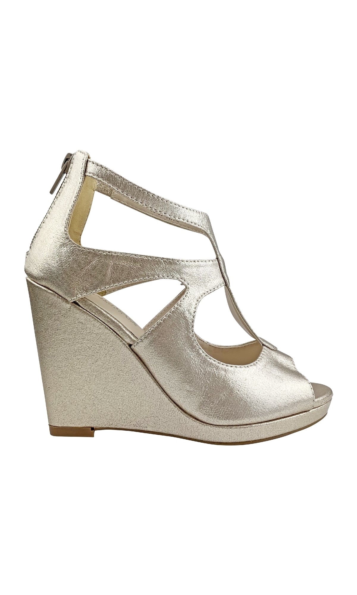 The Rory Champagne Shimmer Prom Shoes (Touch Ups 4477) are high-heel wedge sandals with cut-out details, open toe, ankle strap, and back zipper—ideal for stylish prom looks with modern flair.